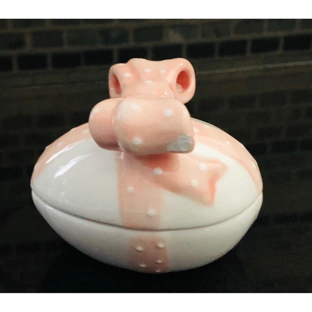 Jay Willfred Andrea by Sadek Egg Trinket Box Pink White & Polka Dot Bow Vintage - Picture 4 of 7